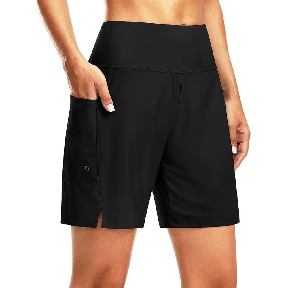 G Gradual Women's 7" High Waisted Quick Dry Beach Board Shorts - Black - L